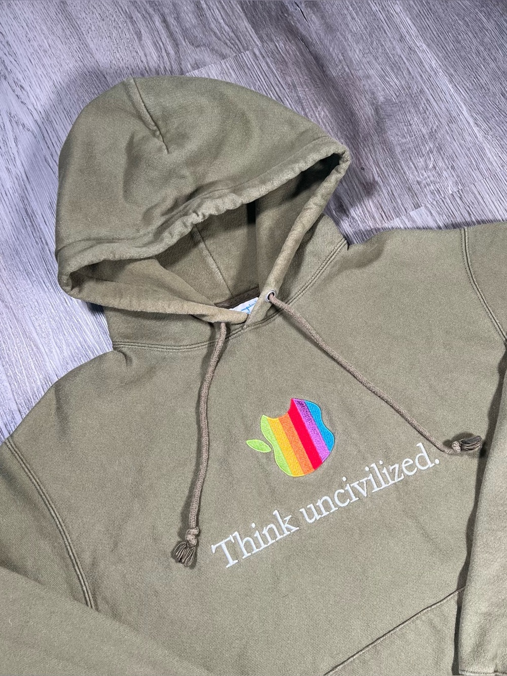 Think Uncivilized Mens L Hoodie Champion Reverse Weave Green Rainbow Apple Logo